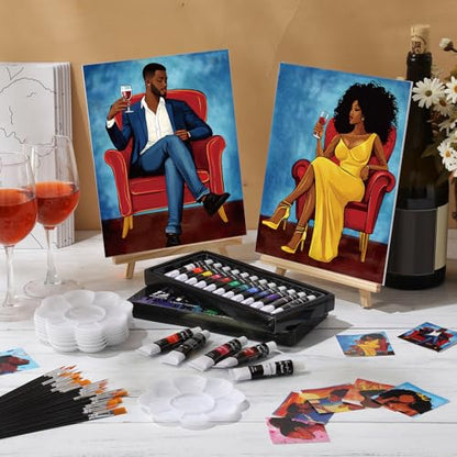 Cholemy 36 Pcs Paint and Sip Kit for Adults 8''x10'' Pre Drawn Canvas for Painting DIY Afro Acrylic Painting Kit Wood Easel Brushes Date Night Bulk for Summer 4th of July Party Gift(Couple) - style: Couple