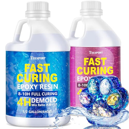 Teexpert Fast Cure Epoxy Resin: 4 Hours Demold 128OZ Bubble-Free & Anti-Yellowing Crystal Clear Art Resin Kit for Wood Casting/Table Top/Jewelry Making,Self-Leveling Resina for Beginners and Artis - size: 128 OZ