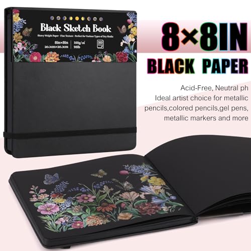 50 Sheets Black Paper Sketchbook, 98lb/160gsm Heavyweight Black Sketch Pad 8×8in, Acid-Free Drawing Paper, Spiral Bound Sketch Book for Teens, Artist - size: 8×8 Inch (1 pack)