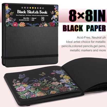 50 Sheets Black Paper Sketchbook, 98lb/160gsm Heavyweight Black Sketch Pad 8×8in, Acid-Free Drawing Paper, Spiral Bound Sketch Book for Teens, Artist - size: 8×8 Inch (1 pack)