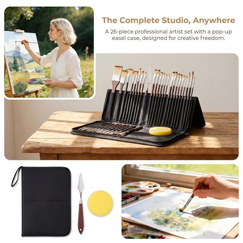 26pcs Paint Brush Set, Includes Flat, Filbert, Fan, Dagger, Cat Tongue, Round, Angle, Rigger & Palette Knife, Travel Paint Brushes for Acrylic Painting, Watercolor, Oil, Canvas, Face Painting