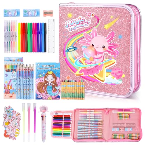 MAIGOZON Axolotl Gifts for Girls - 72 PCS Scented Markers Art Set for Kids Ages 4-8, Coloring Kit with Glitter Case, Mermaid Coloring Book & Quick-Dry Gel Pens, Birthday Christmas Gift - style: Axolotl