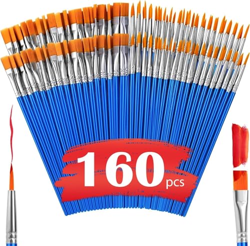 AROIC Small Paint Brushes Bulk,160 Pcs Nylon Hair Paint Brushes for Kids with Flat and Round Pointed Acrylic Paint Brush Sets,Acrylic Paint Brush for Classroom Oil Watercolor Face Painting Kits. - color: Blue, size: 80Flat +80Fine