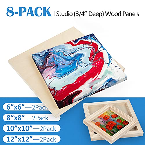 Falling in Art Unfinished Birch Wood Canvas Panels Kit, 8 Pack of 4 Sizes Studio 3/4’’ Deep Cradle Boards for Pouring Art, Crafts, Painting, and More - size: 6*6 8*8 10*10 12*12 2-Pack