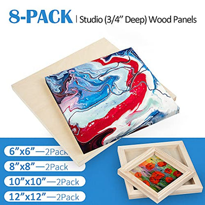 Falling in Art Unfinished Birch Wood Canvas Panels Kit, 8 Pack of 4 Sizes Studio 3/4’’ Deep Cradle Boards for Pouring Art, Crafts, Painting, and More - size: 6*6 8*8 10*10 12*12 2-Pack