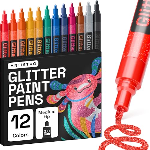 ARTISTRO 12 Glitter Paint Pens for Glass Marking, Rock Painting, Ceramic, Wood, Fabric, Scrapbooking, DIY Craft Making, Coloring - Acrylic Paint Markers Medium Tip 3mm - color: Glitter, style: Medium