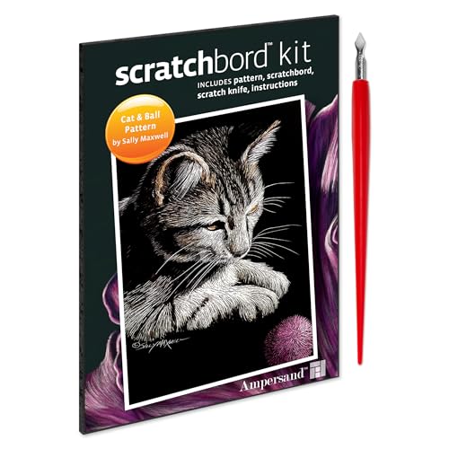 Ampersand Art Supply Scratchbord | Cat with Ball | 5’’ x 7’’ | Professional Scratchboard Art Panel | for Scratchboard Drawing, Illustration & Mixed Media - style: Cat with Ball