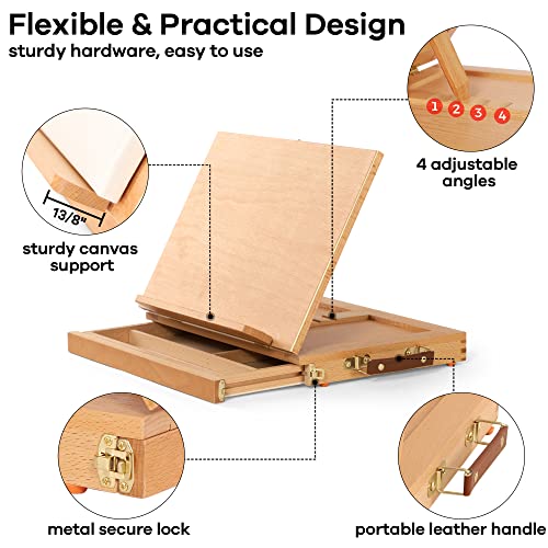 VISWIN Tabletop Easel with Storage Drawer & Palette, Adjustable Portable Beech Wood Sketch Box Table Top Easel for Painting, Desktop Travel Art Easel for Adults, Artists, Students - size: With 1 drawer & wood palette