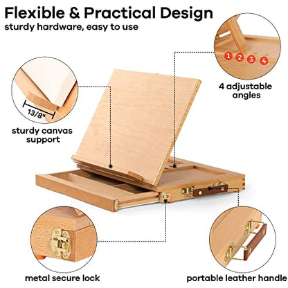 VISWIN Tabletop Easel with Storage Drawer & Palette, Adjustable Portable Beech Wood Sketch Box Table Top Easel for Painting, Desktop Travel Art Easel for Adults, Artists, Students - size: With 1 drawer & wood palette