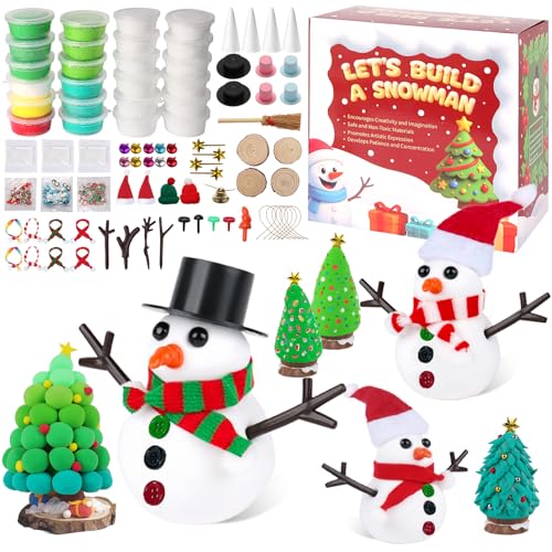 FIIOEOY 24 Pack Build a Snowman & Christmas Trees Clay Kit for Kids – Colorful Air Dry Clay Christmas Craft Set, Modeling Craft DIY Set, 2-in-1 Snowman Tree Activity, Creative Xmas Gift for Boys Girls
