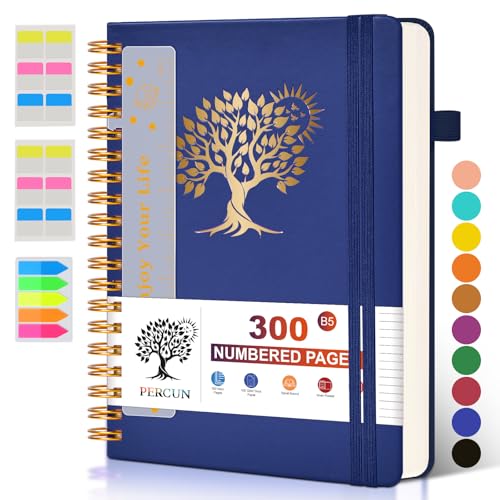 PERCUN B5 Spiral Notebook 300 Numbered Lined Pages Hardcover Journal 7"x10" | College Ruled Spiral Bound Notebook with Tabs, Large Leather Journal for Women Men, Work, School, Travel,Writing,Note Taking - color: Navy, size: B5 size (7in x 10in)
