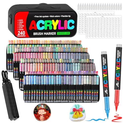 240 Colors Acrylic Paint Markers with Automatic Ink Control System, Soft Brush Tip Acrylic Markers for Paper, Rock, Wood, Canvas, Glass and Ceramic Art Supplies, Paint Pens & Paint Markers with Bag - style: 240 BAG
