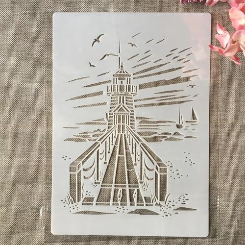 TIAMECH A4 Reusable Coast Lighthouse Stencil for Painting | Beach Seaside Boardwalk Layering Template, DIY Wall Art, Wood Furniture, Scrapbook & Crafts (8.3x11.7inch) - style: Lighthouse Boardwalk