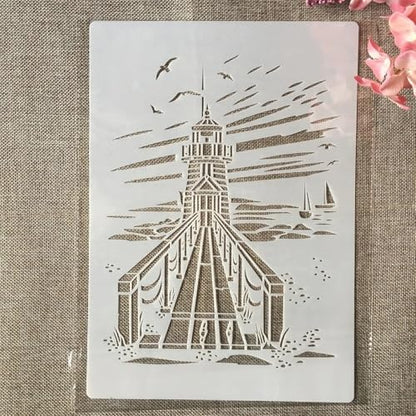 TIAMECH A4 Reusable Coast Lighthouse Stencil for Painting | Beach Seaside Boardwalk Layering Template, DIY Wall Art, Wood Furniture, Scrapbook & Crafts (8.3x11.7inch) - style: Lighthouse Boardwalk