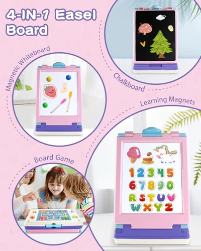 Elovien Easel for Kids, 4 in 1 Double Sided Toddler Art Easel with Chalkboard & Magnetic Whiteboard, Foldable Kid Tabletop Easel with Drawing & Writing Accessories - Educational Gift for Girl (Purple) - color: Purple