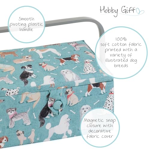 Hobby Gift Medium Sewing Box Organiser, Fabric Covered Storage Box with Handle, Internal Tray, Pin Cushion and Pocket for Sewing, Quilting and Knitting Supplies - color: Dogs