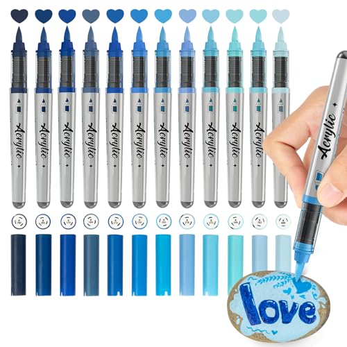 Woomer Acrylic Paint Markers 12 Blue Colors Auto Flow Brush Pens | Lightweight, Good-Coverage Acrylic Ink for Smooth Layers + Easy Corrections with Less Buildup, Water-based Dries Waterproof - color: Blue