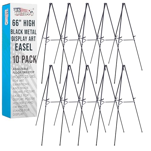 U.S. Art Supply 66" High Black Metal Display Art Easel (10 Pack) - Large Adjustable Height Portable Easel Stand, Sign Display, Holds 25 lbs - Floor & Tabletop Easels, Sign Stand