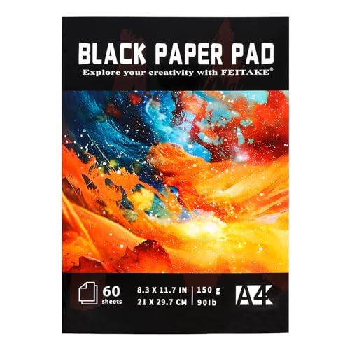 FEITAKE Black Paper Pad Sketchbook -120 Pages(60 Sheets) in A4 Sizes / 150GSM(90lbs) Heavyweight Art Drawing Notebook for Metallic Markers,Gel Pens, Colored Pencils etc Gift for Kids Students Artists - color: 1-Black Pad
