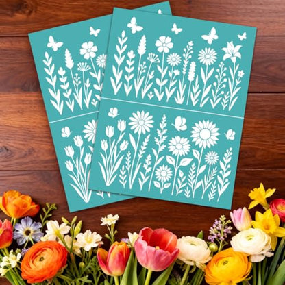 2 Sheets Wildflower Silkscreen Stencil, Flower Border Self-Adhesive Reusable Mesh Stencils Printing Stencils Templates for Screen Printing on Wood, Fabric, Walls, Garden Decor & DIY Crafts - style: Wildflowers