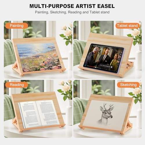 13.8"x11.4" Wooden Tabletop Easel with Paint & Sketch Papers, Masking Tape | Adjustable Art Easel Stand with 3 Angle Settings, Drawing Board for Canvas Painting, Sketching and Book, Tablet Display
