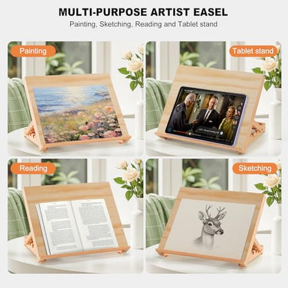 13.8"x11.4" Wooden Tabletop Easel with Paint & Sketch Papers, Masking Tape | Adjustable Art Easel Stand with 3 Angle Settings, Drawing Board for Canvas Painting, Sketching and Book, Tablet Display