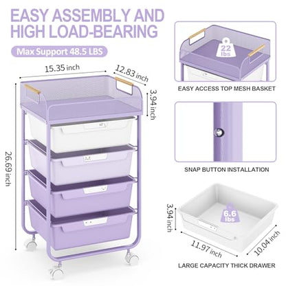 SYKIARIOL 4-Drawer Rolling Storage Cart with Mesh Top, Utility Craft Organizer Cart on Wheels with DIY Labels, Rolling Drawer Cart for Home Office Classroom Bedroom, Purple - color: Purple