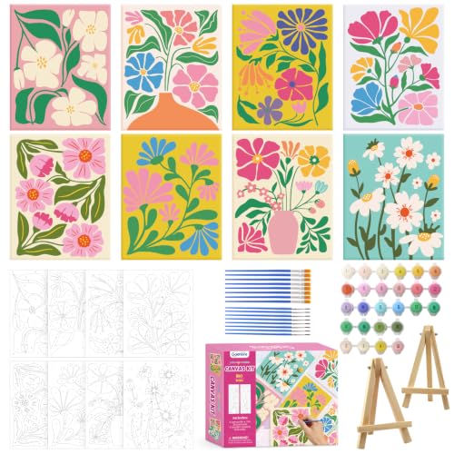 Goldentime 8 Pack Paint by Numbers Kit for Adults and Kids Beginners | 8x10 Inch Flower Canvas Painting Kit with 16 Brushes, 26 Acrylic Paints & Wooden Supports | Predrawn Canvas for Home Decor Gifts - color: flowers