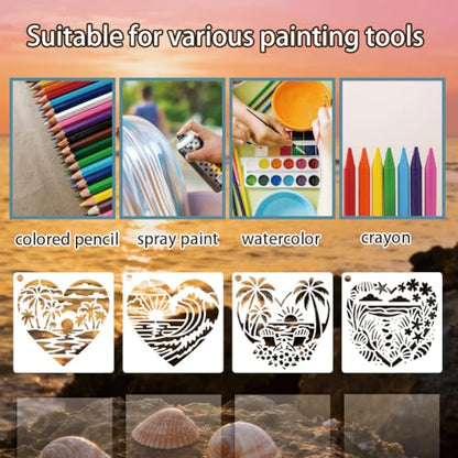 6 Sheets Love Beach Stencils for Painting, 6 Styles Palm Tree Shell Sunset Waves Wall Stencil Template Reusable Summer Coast Theme Stencils for Painting on Wall Wood Home Decor - style: Love Beach