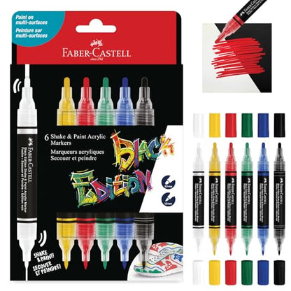 Faber-Castell Shake & Paint Markers: Classic - 6 Count Dual Tip Acrylic Paint Pens, Permanent Fabric and Art Markers, Paint Markers for Wood, Art Supplies - style: Classic