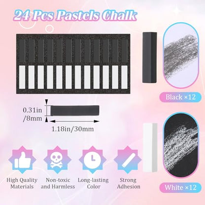 Watersay 24 Pcs Soft Pastel Drawing Chalk Set Square Sketch Chalk Non-toxic Artist Pastel Sticks for Professional Artists and Art Lovers(30 x 8 x 8 mm,Black,White) - color: Black,White