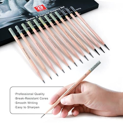 KALOUR 29 Pro Sketching Drawing Pencils Set with Roll-Up Nylon Case – 14 Graphite Pencils (14B–5H), Charcoal Pencils, Erasers, Sharpener & Stumps – Complete Art Kit for Artists & Beginner