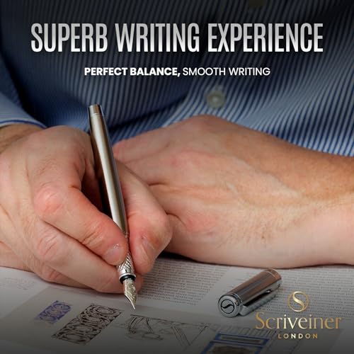 Scriveiner Stainless Steel Fountain Pen - Stunning Luxury Pen with Steel Finish, Schmidt Steel Nib (Medium), Pen Gift Set for Men & Women, Professional, Executive Office, Nice Designer Pens - color: 13. Stainless Steel with Chrome, style: Medium Nib