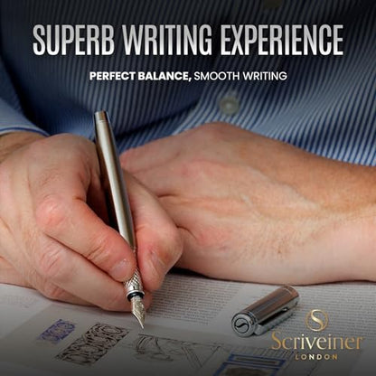 Scriveiner Stainless Steel Fountain Pen - Stunning Luxury Pen with Steel Finish, Schmidt Steel Nib (Medium), Pen Gift Set for Men & Women, Professional, Executive Office, Nice Designer Pens - color: 13. Stainless Steel with Chrome, style: Medium Nib