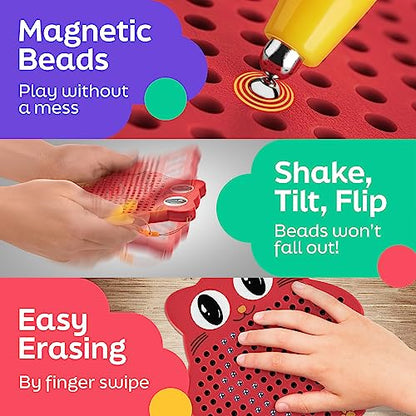 AYNAT FUN Magnetic Drawing Board for Kids & Toddlers with Beads and Magnet Stylus Pen - Magnetic Travel Toy for Airplane & Car Ride Activities for Kids - color: Red
