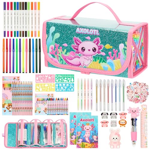 Defresit 129 PCS Washable Markers Set- Axolotl Gifts for Girls, Art Supplies for Kids with Glitter Pencil Case, Coloring Kits for Kids, Ideal Gifts for Birthday Christmas Back to School - color: Axolotl