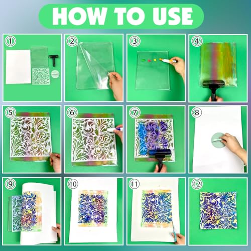 PH PandaHall Gel Printing Plate Kit 7.8x10 inch Gel Plate with Press Rubber Brayer Stencils Printing Paper for Artists Monoprinting Crafts Paints Card Making Scrapbooking Journaling