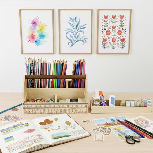 Ikee Design Small Wooden 5-Compartment Craft Tool Box Caddy with Drawer and Handle, Desk Art Supply Storage Organizer for Craft Tools, Makeup Essentials, 10 W x 4.9 D x 5.5 H in - color: Natural with Pattern