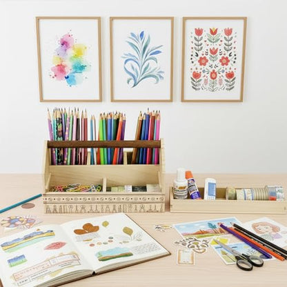 Ikee Design Small Wooden 5-Compartment Craft Tool Box Caddy with Drawer and Handle, Desk Art Supply Storage Organizer for Craft Tools, Makeup Essentials, 10 W x 4.9 D x 5.5 H in - color: Natural with Pattern