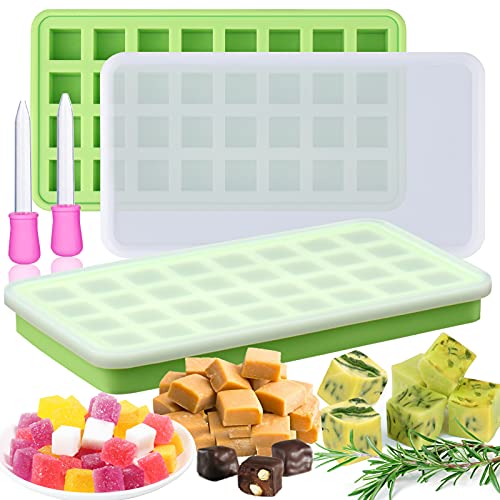 AIERSA 2Pcs Silicone Molds for Herb-Infused Oil Cubes, 32 Cavity Candy Gummy Molds with Lids & 2 Droppers for DIY 5/8x5/8x5/8in Square Gummies, Homemade Herbal Blocks, Jello, Pralines Caramels - color: 2 pcs