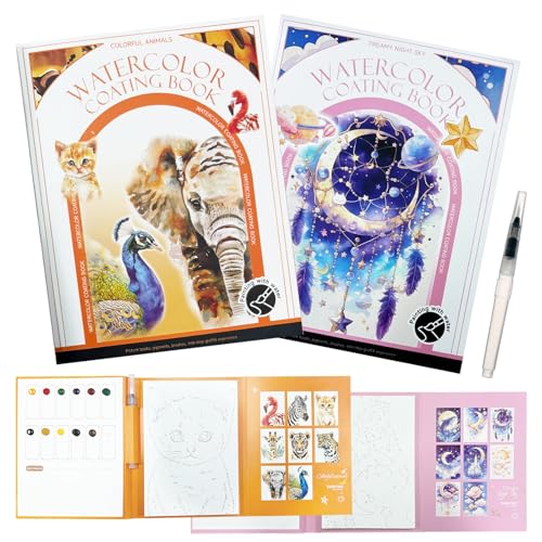 2-Pack Watercolor Painting Books for Adults & Beginners - All-in-One Creative Stress Relief Art Kit with 3-Fold Pad, 32 Pre-Printed Pages, 24 Colors & 2 Brushes (Animal + Starry Fairyland) - color: Animal + Starry Fairyland