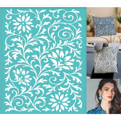 2 Sheets Flower Background Silk Screen Stencil, European Floral Painting Stencils Templates Reusable Self-Adhesive Silk Screen Printing for Wall Border Wood Fabric Home Craft Decor - style: European Floral