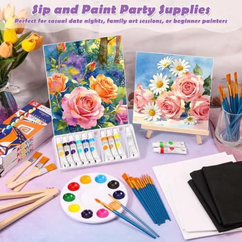 Canvas Painting Kit, 84 Pcs Sip and Paint Kit for Adults Couples Date Night | Canvas and Easel Set with Small Art Paint Brushes, 12 Colors Acrylic Paints, Paint Party Supplies Valentines Day Painting Kit - color: 12ML Acrylic Paints