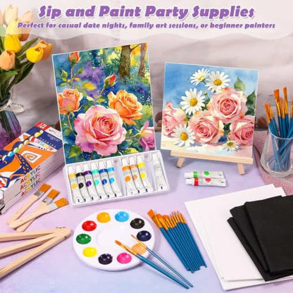 Canvas Painting Kit, 84 Pcs Sip and Paint Kit for Adults Couples Date Night | Canvas and Easel Set with Small Art Paint Brushes, 12 Colors Acrylic Paints, Paint Party Supplies Valentines Day Painting Kit - color: 12ML Acrylic Paints