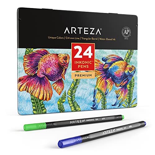 ARTEZA Inkonic Fineliners Fine Point Pens, Set of 24 Fine Tip Markers with Color Numbers, 0.4mm Tips, Ergonomic Barrels, Brilliant Assorted Colors for Coloring, Drawing & Detailing - size: 1 Count (Pack of 24)