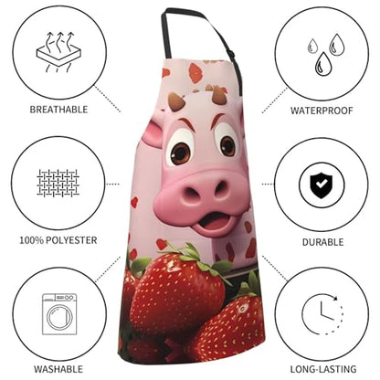 Prancing Brown Horse Heavy Duty Waterproof Apron with Pockets for AdultsResistant Grilling, Gardening, Painting - color: Pink Cow With Strawberries