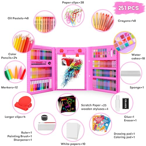 iBayam 251-Pack Art Supplies, Drawing Arts Kits for Kids Teens Adult - Travel Art Set Case with Double Sided Trifold Easel, Drawing Pad, Coloring Book, Scratch Paper, Gifts Idea for Girls Boys Artist - color: Pink