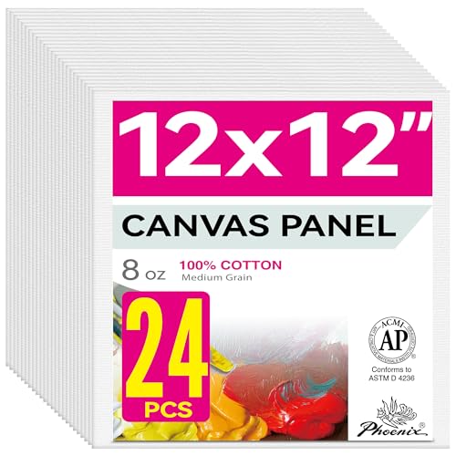 PHOENIX Painting Canvas Panels 12x12 Inch, 24 Bulk Pack - 8 Oz Triple Primed 100% Cotton Acid Free Square Canvases for Painting, White Blank Flat Canvas Boards for Acrylic, Oil Paints - color: White - Bulk Pack, size: 12" x 12"