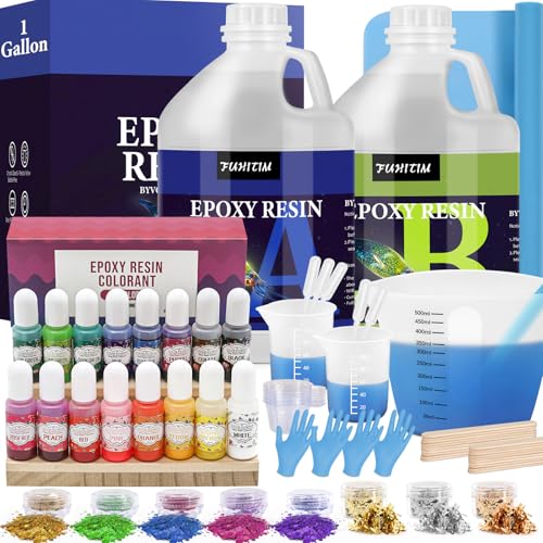 1 Gallon Crystal Clear Epoxy Resin Kit, High-Glossy& No Bubbles, Art & Casting Resin with 16 Epoxy Resin Pigment, Foil Flakes, Sequin,Craft Clear Resin for Art Crafts, Jewelry, Molds - size: 1 Gallon kit