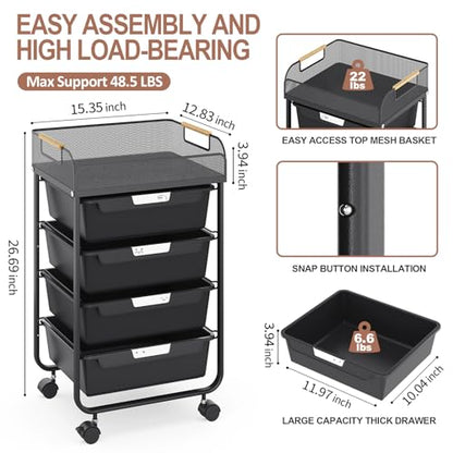 SYKIARIOL 4-Drawer Rolling Storage Cart with Mesh Top, Utility Craft Organizer Cart on Wheels with DIY Labels, Rolling Drawer Cart for Home Office Classroom Bedroom, Black - color: Black